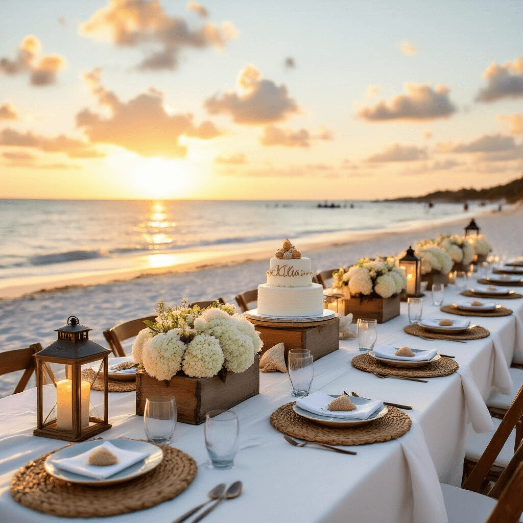 A scenic beachfront birthday celebration at golden hour with long tables on white sand, adorned with flowing linens, driftwood centerpieces, hurricane lanterns, and coastal-inspired table settings, featuring a beach-themed cake on a reclaimed wood platform.