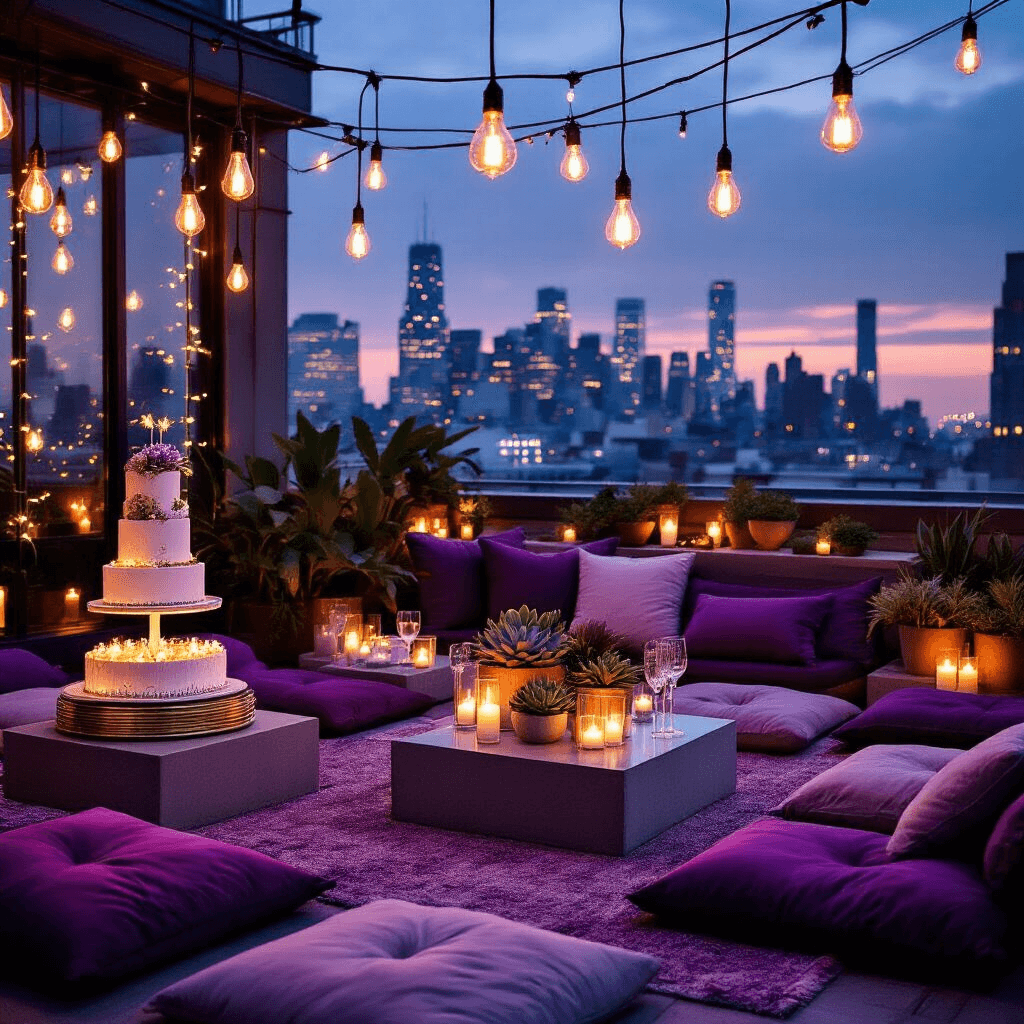 Moody rooftop terrace birthday party with fairy lights, candlelight, and city skyline. Intimate lounge setup with low modern tables, plush jewel-toned cushions, and lavender-silver decor. Warm Edison bulb lighting highlights succulent centerpieces and a contemporary tiered cake display on a lucite pedestal, complemented by personalized neon signage.