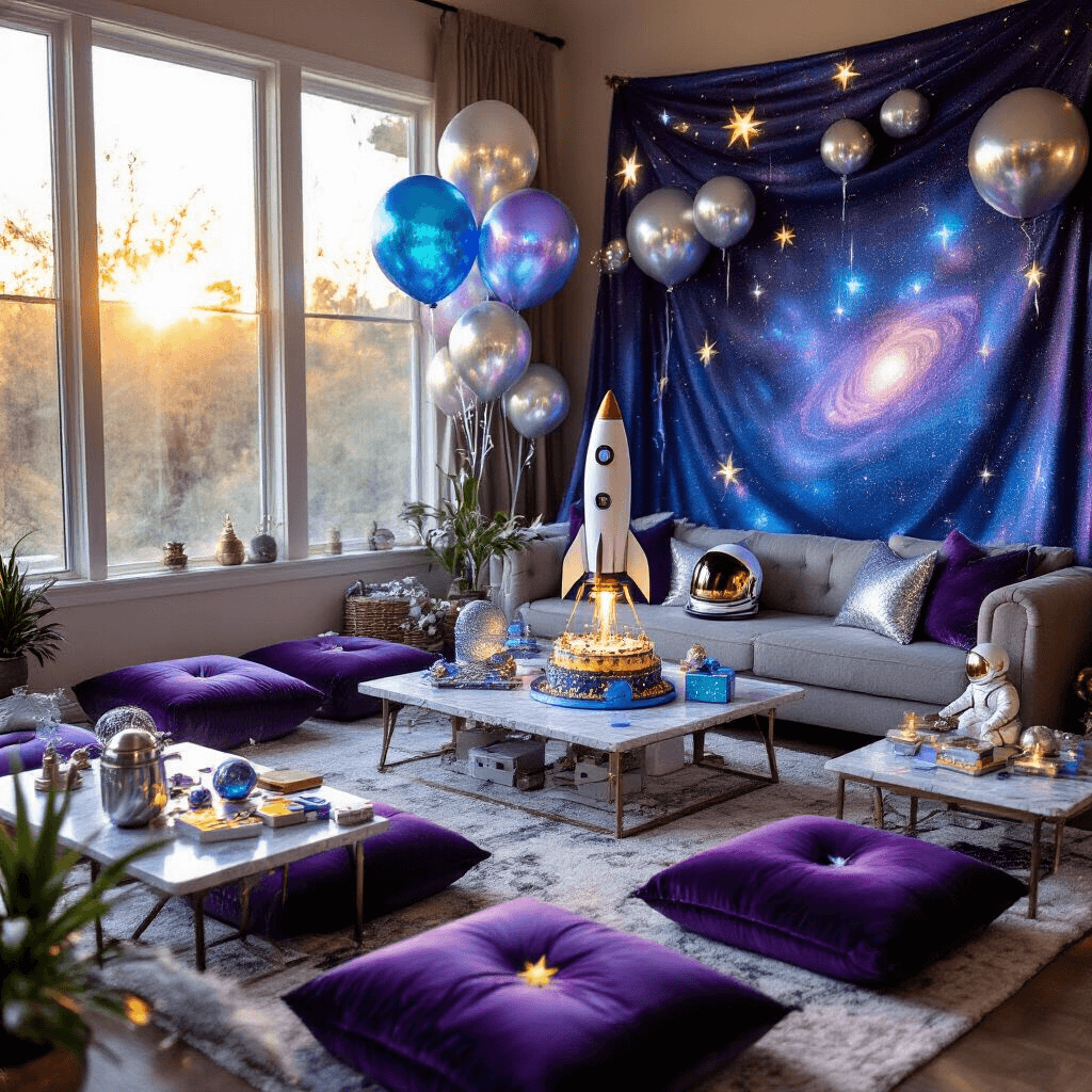 A whimsical space exploration escape room party setup in a cozy living room, featuring metallic silver and cosmic blue decorations, plush velvet floor cushions, a central rocket ship cake display, holographic balloons, LED constellation lights, and futuristic puzzle boxes, all illuminated by soft golden hour sunlight.