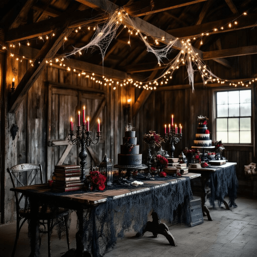 A moody evening scene inside a rustic barn, transformed for a horror survival escape room birthday party, featuring eerie fairy lights, distressed farm tables with gothic candelabras, and a dramatic color palette of deep charcoal, blood red, and antique silver, alongside spooky decorations like artificial spider webs and a haunting tiered cake with dry ice effects.