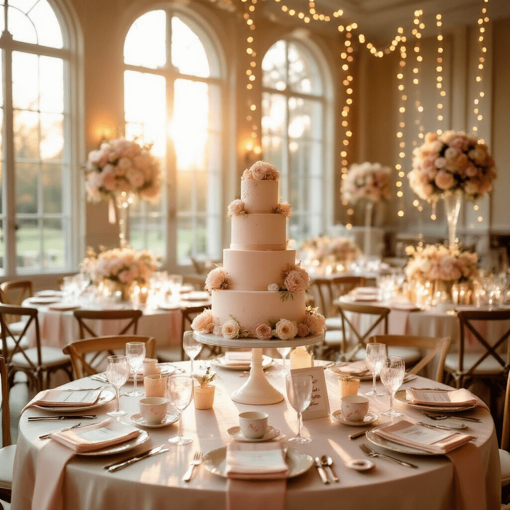 Elegant indoor ballroom transformed for a children's birthday party, featuring soft sunlight, blush pink and cream table settings, whimsical floral centerpieces, a tiered birthday cake on a dessert cart, draped fairy lights, and personalized decor.
