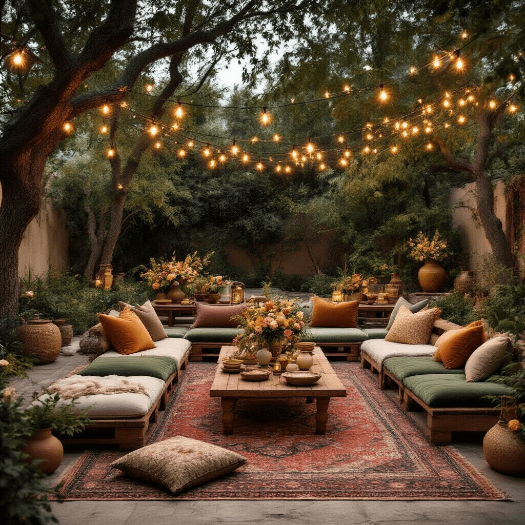 Cinematic overhead shot of a cozy backyard setup with low wooden tables, plush velvet cushions on Persian rugs, string lights overhead, and fresh florals, featuring a treasure hunt with colorful props for a children's celebration.