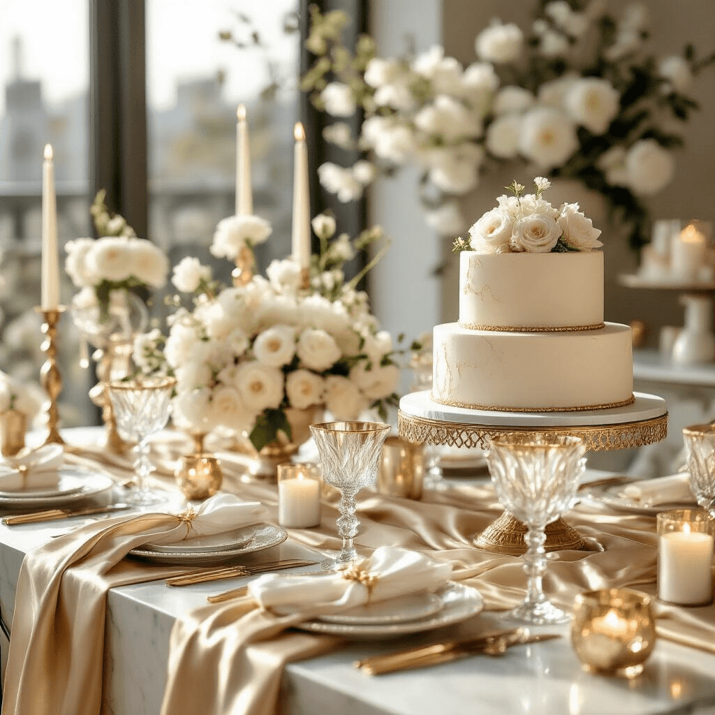 Close-up of a luxurious dessert table in a modern apartment, featuring a multi-tiered birthday cake, crystal glassware, silk table runners, gold and ivory accents, fresh white florals, and elegant candle groupings, all bathed in soft morning light.