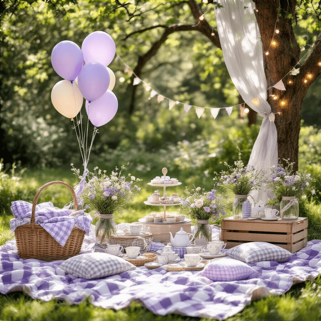 Flat lay of a whimsical picnic setup in a sun-drenched garden featuring vintage quilts, checkered blankets, pastel balloons, ceramic tea sets, wildflower arrangements in mason jars, rustic wooden crates, and fluttering sheer fabric panels, all enhanced by fairy lights.