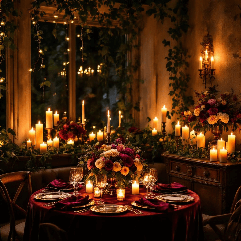 An intimate dining nook for a birthday celebration, illuminated by warm amber candlelight, featuring velvet-draped round tables with jewel-toned floral centerpieces, gold-rimmed glassware, a stunning birthday cake on an antique sideboard adorned with ivy and candles, layered textures of silk napkins and ceramic plates, and subtle string lights enhancing the magical atmosphere.