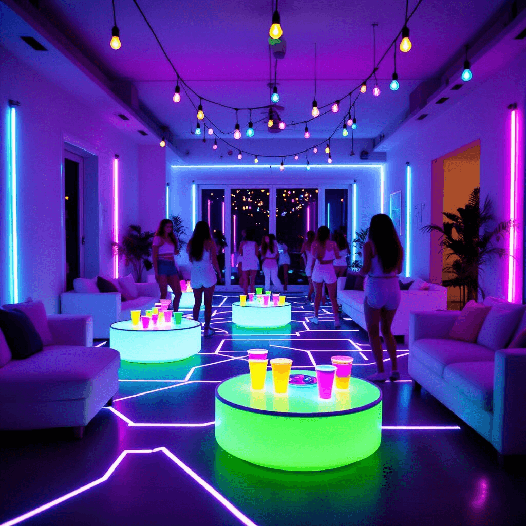 Wide-angle shot of a modern apartment living room transformed for a neon teen party, featuring blacklight LED strips, white furniture glowing in purple and blue, geometric glow-in-the-dark tape on the floor, and teens dancing in glowing attire against a backdrop of colorful lights.