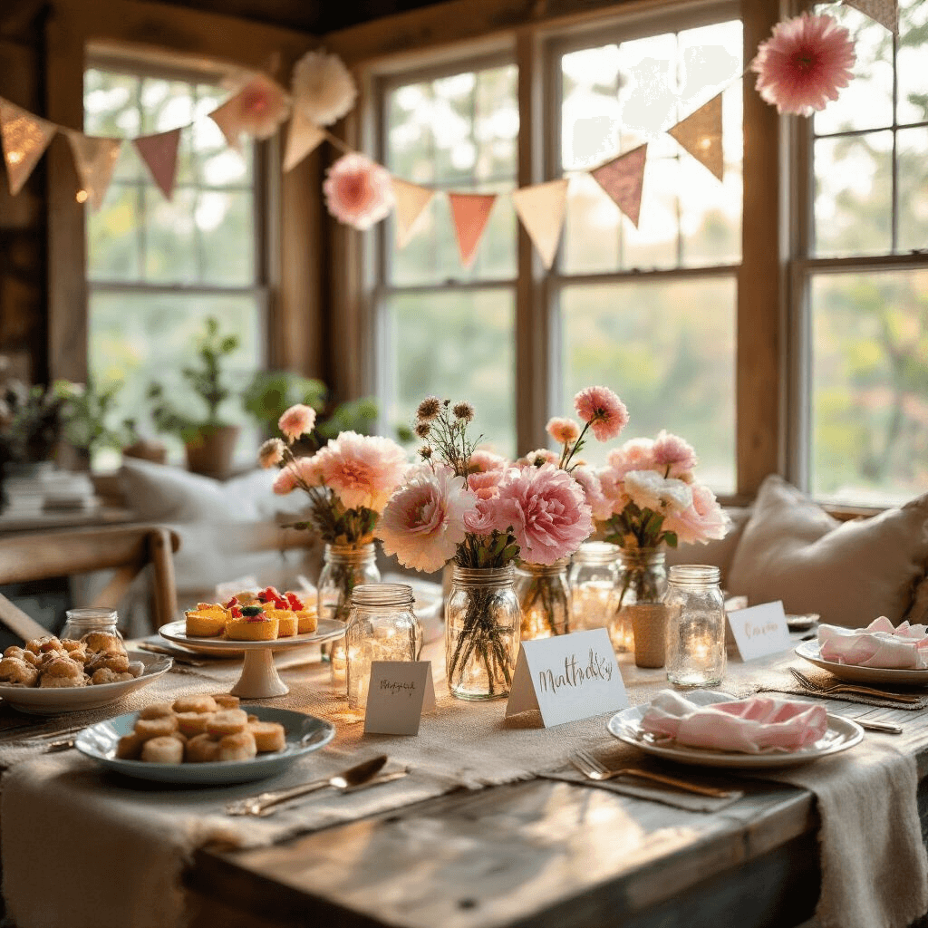 Close-up of a cozy dining nook adorned for a budget-friendly teen birthday celebration, featuring a rustic wooden table with DIY decorations like tissue paper flowers, mason jar centerpieces with fairy lights, personalized place cards, and a potluck food arrangement on mismatched vintage plates. Soft morning light filters through large windows, enhancing the warm, heartfelt atmosphere complemented by handcrafted bunting and layered textures of burlap and cotton.