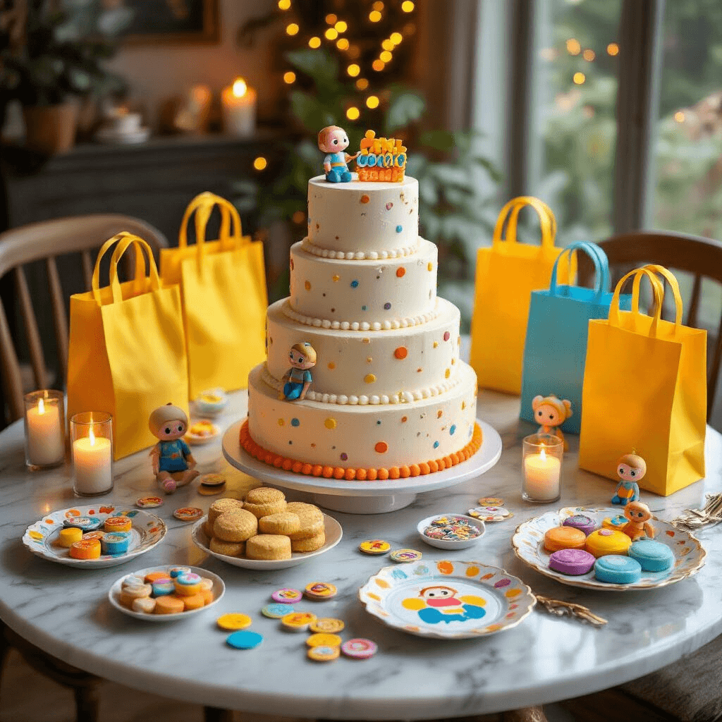 Overhead view of a cozy dining nook featuring an elaborately styled Cocomelon cake table setup with a three-tier birthday cake, bright yellow goodie bags, colorful stickers, and character toys. The marble countertop is adorned with silk runners in orange and blue, glass platters of themed treats, and ceramic plates. Fairy lights provide a soft glow amidst personalized signage and custom favors, creating an enchanting childhood celebration atmosphere.