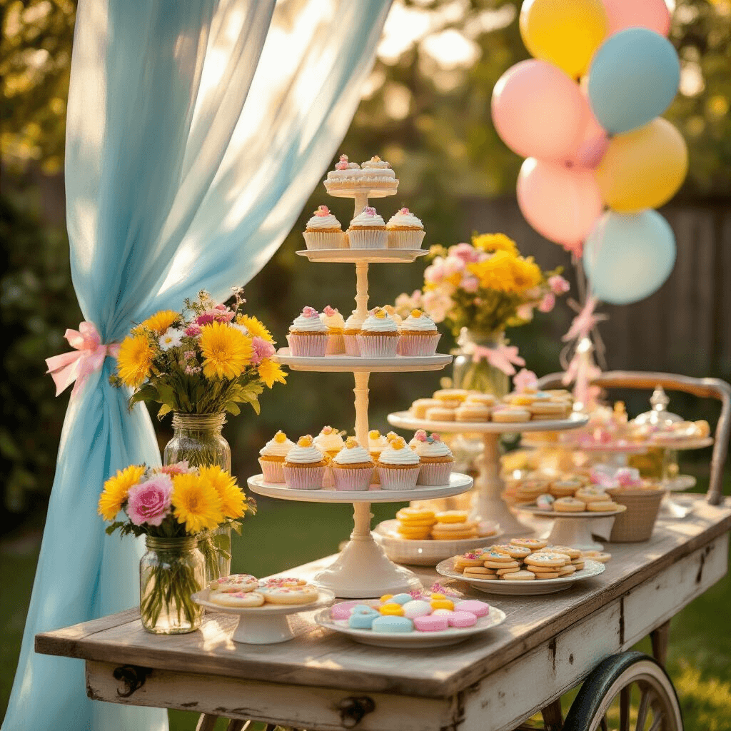 Close-up of a whimsical Cocomelon-themed dessert cart in a stylish backyard, adorned with cupcakes and cookies, surrounded by fresh yellow and pink florals in mason jars, sheer blue drapery, and colorful balloons, all illuminated by warm golden hour light.