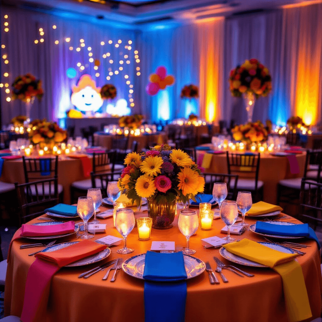 Elegant place setting on a round table in a transformed ballroom, featuring Cocomelon-themed plates, colorful napkins, and personalized party favors, surrounded by sunshine yellow floral centerpieces, vibrant orange linens, and ambient candlelight, all illuminated by fairy lights, with playful balloon arrangements in blue and bubblegum pink.