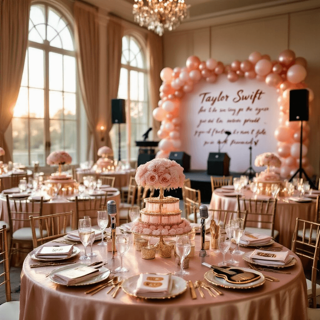 Wide-angle shot of an elegant ballroom decorated for a Taylor Swift-themed birthday party, featuring shimmering rose gold table linens, blush pink peonies, a karaoke stage with handwritten song lyrics, and decorative guitar-shaped cookies. Soft golden light streams through tall windows, enhancing the dreamy atmosphere.