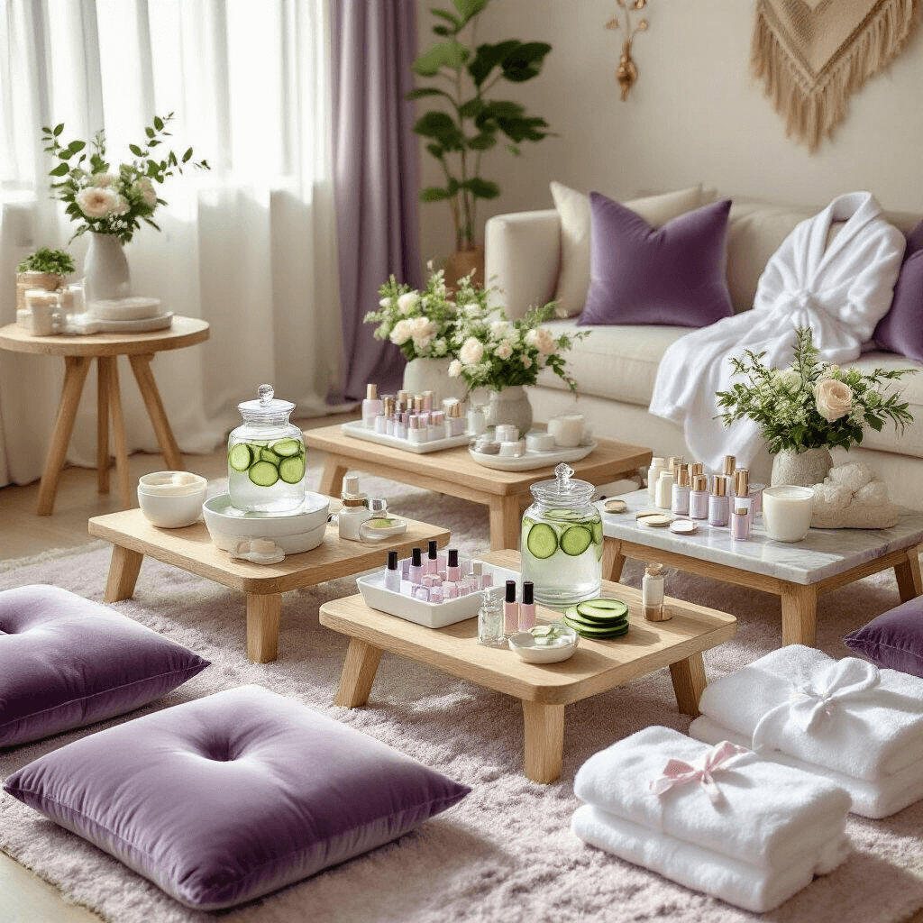 Intimate overhead view of a luxurious DIY spa party setup in a cozy apartment, featuring plush velvet cushions, tiered glass stands with cucumber-infused water and pastel nail polishes, marble trays with face mask ingredients, vintage brass hooks with bathrobes, sheer lavender drapery, and wellness-inspired decor.