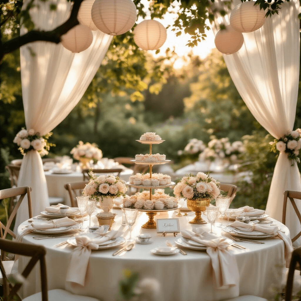 Elegant outdoor garden tea party setup at golden hour, featuring round tables with ivory silk linens, floral centerpieces of blush roses in vintage gold bowls, fine china, crystal glassware, cloth napkins with silk ribbon, and a three-tiered birthday cake beneath a white canopy with paper lanterns and flower garlands, all in soft pastel colors.