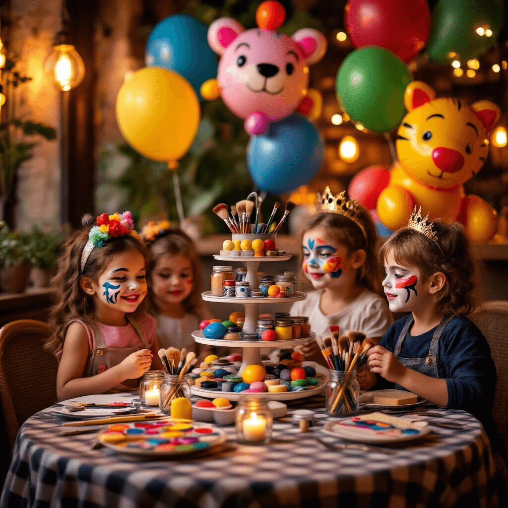 A cozy dining nook illuminated by soft candlelight, featuring face painting and balloon art stations with professional kits, whimsical balloon sculptures, round bistro tables with checkered linens, and children proudly displaying their painted faces as they reach for colorful creations.