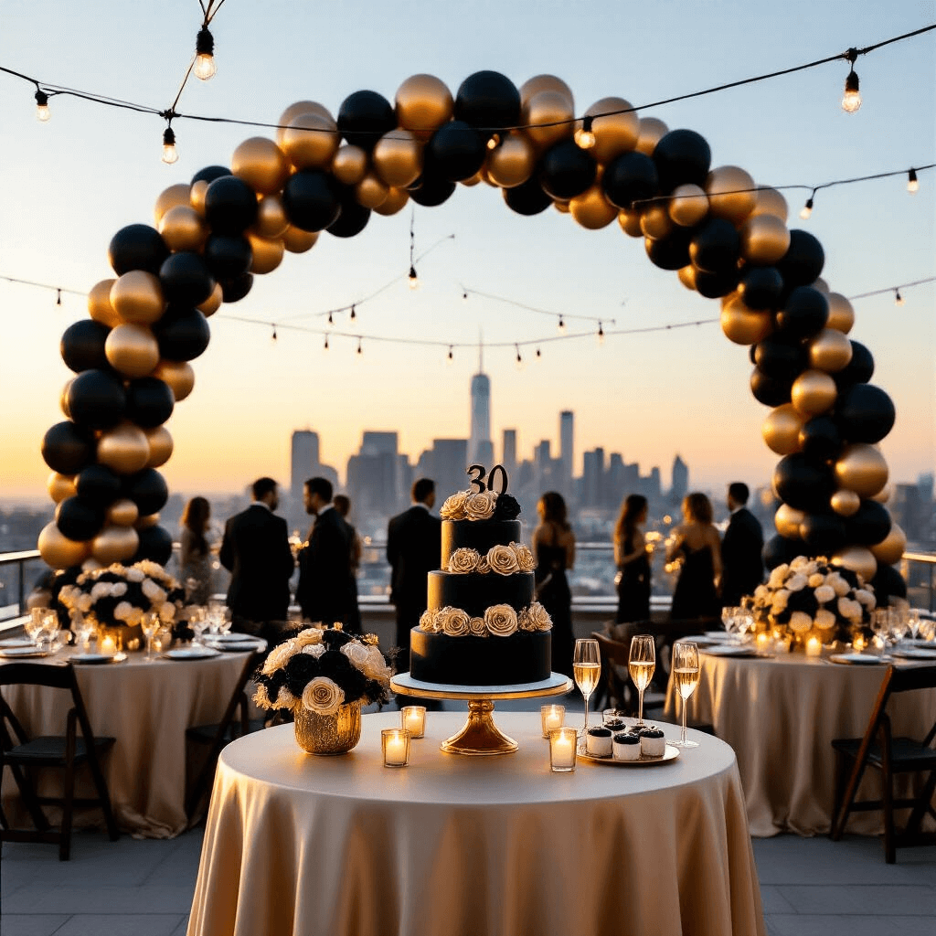 A luxurious rooftop terrace at golden hour features a black, gold, and silver balloon arch framing a city skyline. Silk champagne-colored table linens, gold-dipped rose centerpieces, and a dessert cart with a tiered cake complement guests mingling with champagne flutes, casting dynamic shadows in the warm light.