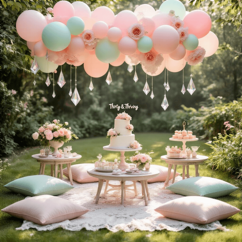 An intimate garden party scene with pastel balloon installation overhead, featuring blush pink and mint green balloons, delicate paper flowers, and crystal prisms. Low tables with vintage lace runners are surrounded by plush floor cushions. A dessert station displays a naked cake with fresh flowers and a 'Thirty & Thriving' topper, all viewed from above.
