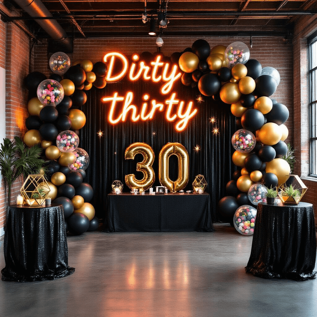A modern loft space decorated for a 'Dirty Thirty' celebration, featuring neon signage, moody uplighting, a bold balloon installation in matte black, shiny gold, and clear confetti-filled balloons, high cocktail tables with sequined black tablecloths and gold geometric terrariums, and a DIY photo booth area with a balloon mosaic wall and giant mylar '30' numbers.