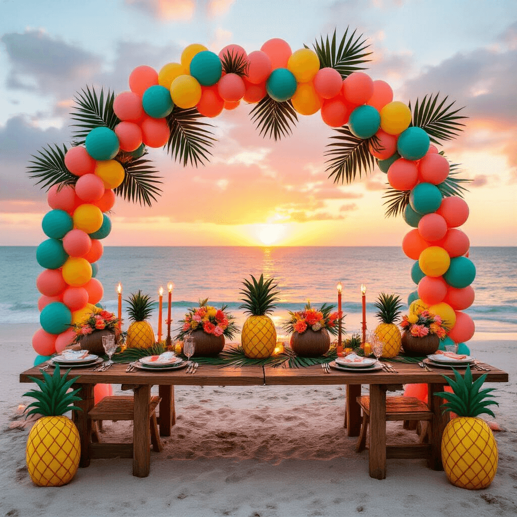 A tropical-themed 30th birthday beachfront setup at sunset, featuring a coral, teal, and yellow balloon arch, oversized paper palm leaves, and pineapple mylar balloons, with wooden farm tables adorned with palm frond runners, floral centerpieces in coconut shells, and personalized coconut place cards, illuminated by tiki torches and Edison bulbs against a vibrant pink and orange sky.
