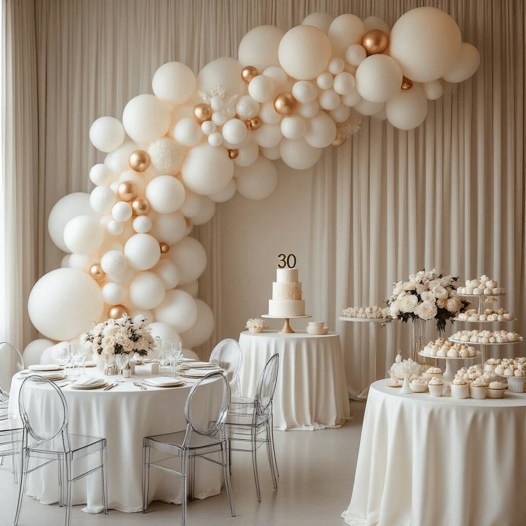 Elegant ballroom setting for a minimalist chic 30th soirée, featuring a monochromatic balloon installation, sheer drapery, round tables with white linens and ghost chairs, tall glass vases with single flowers, and a dessert table with white treats and a marble-effect cake with a rose gold '30' topper.