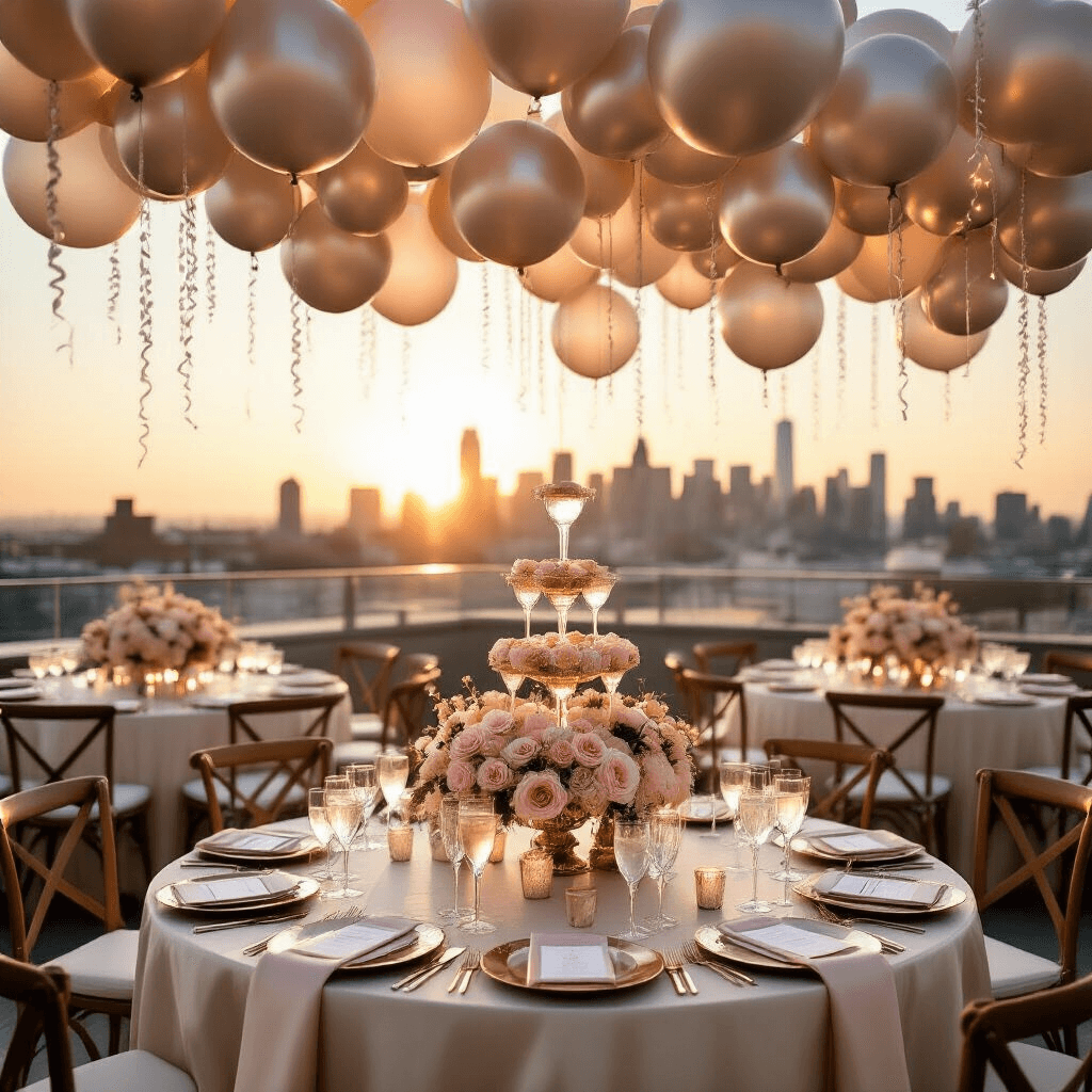 A luxurious rooftop terrace at golden hour with silver balloon garlands, silk ivory table linens, blush pink florals in crystal vases, twinkling fairy lights, a city skyline backdrop, and a central champagne tower surrounded by elegant gold-rimmed glassware and marble name cards, all illuminated by warm sunlight.
