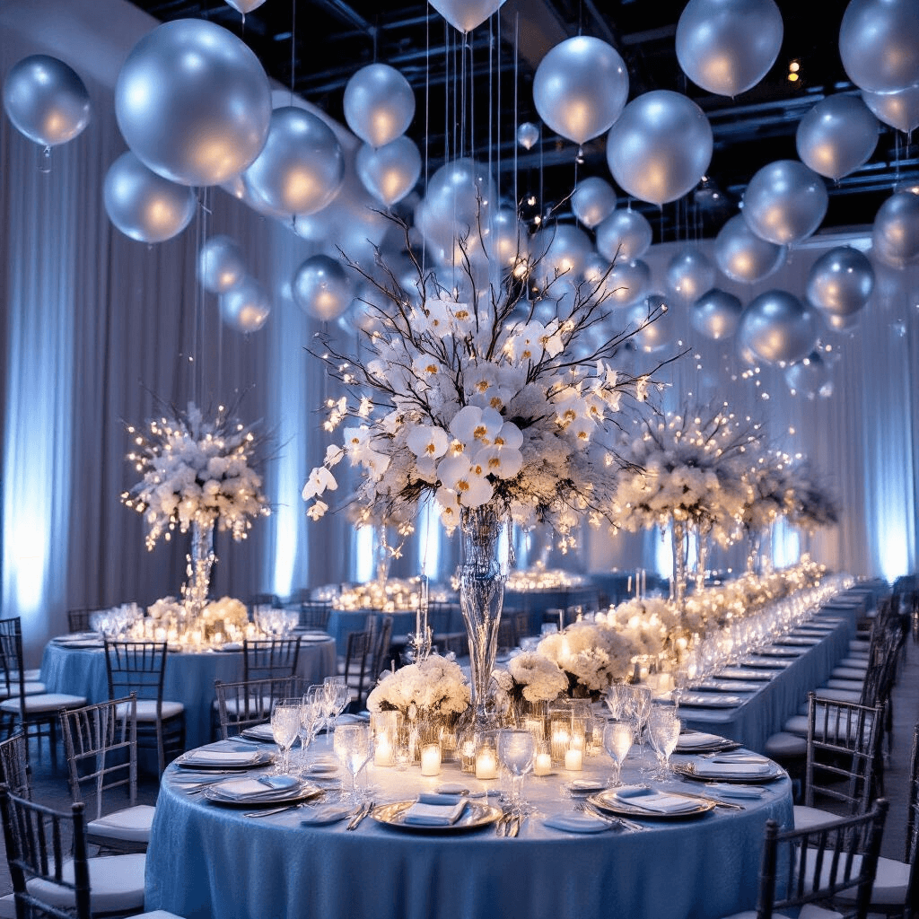 A beautifully decorated indoor ballroom transformed into a winter wonderland, featuring floating silver balloons, icy blue table linens, elegant centerpieces with silver branches and white orchids, and glowing candelabras, highlighting the interplay of light on metallic surfaces.