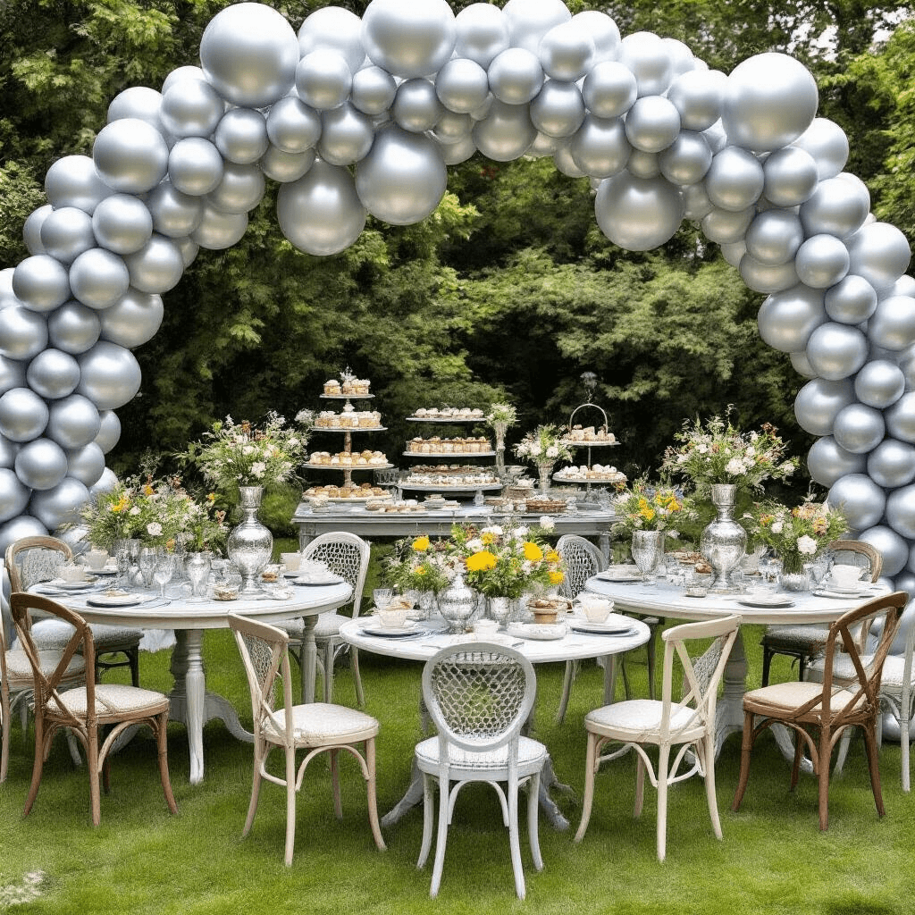 A whimsical garden party scene featuring mismatched vintage furniture, silver balloon arches, and unique wildflower centerpieces, captured from above to showcase the contrast between metallic decor and lush greenery.