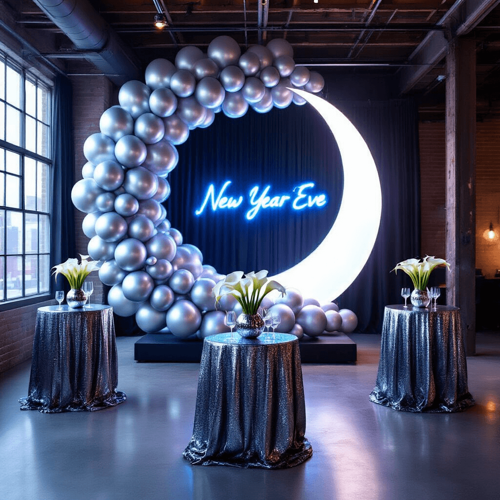 A modern loft transformed for a New Year's Eve party, featuring a crescent moon balloon installation, gunmetal sequin cocktail tables, geometric silver vases with white calla lilies, and a cool blue neon sign, creating a futuristic ambiance.