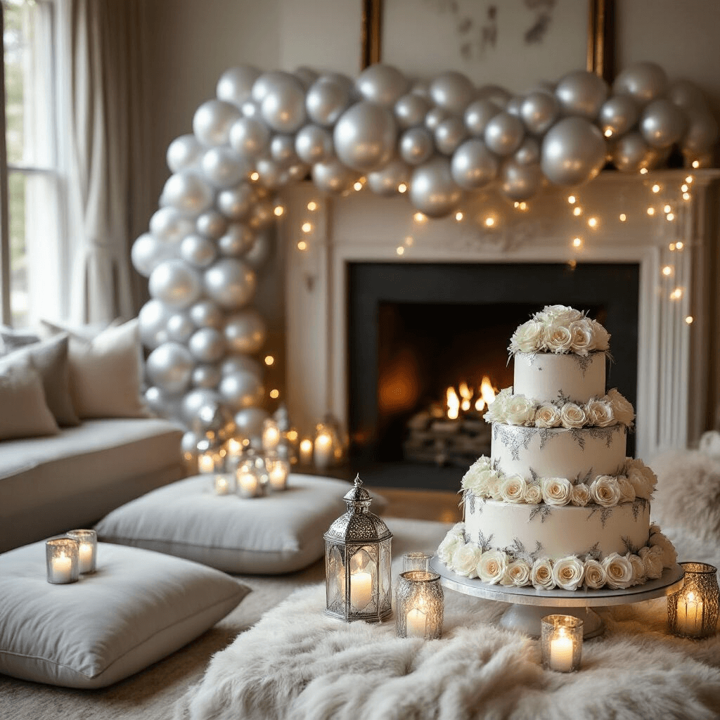 A cozy living room decorated for an intimate anniversary celebration, featuring a silver and pearl balloon garland over the fireplace, fairy lights, plush floor cushions, and a tiered cake adorned with edible silver leaf.