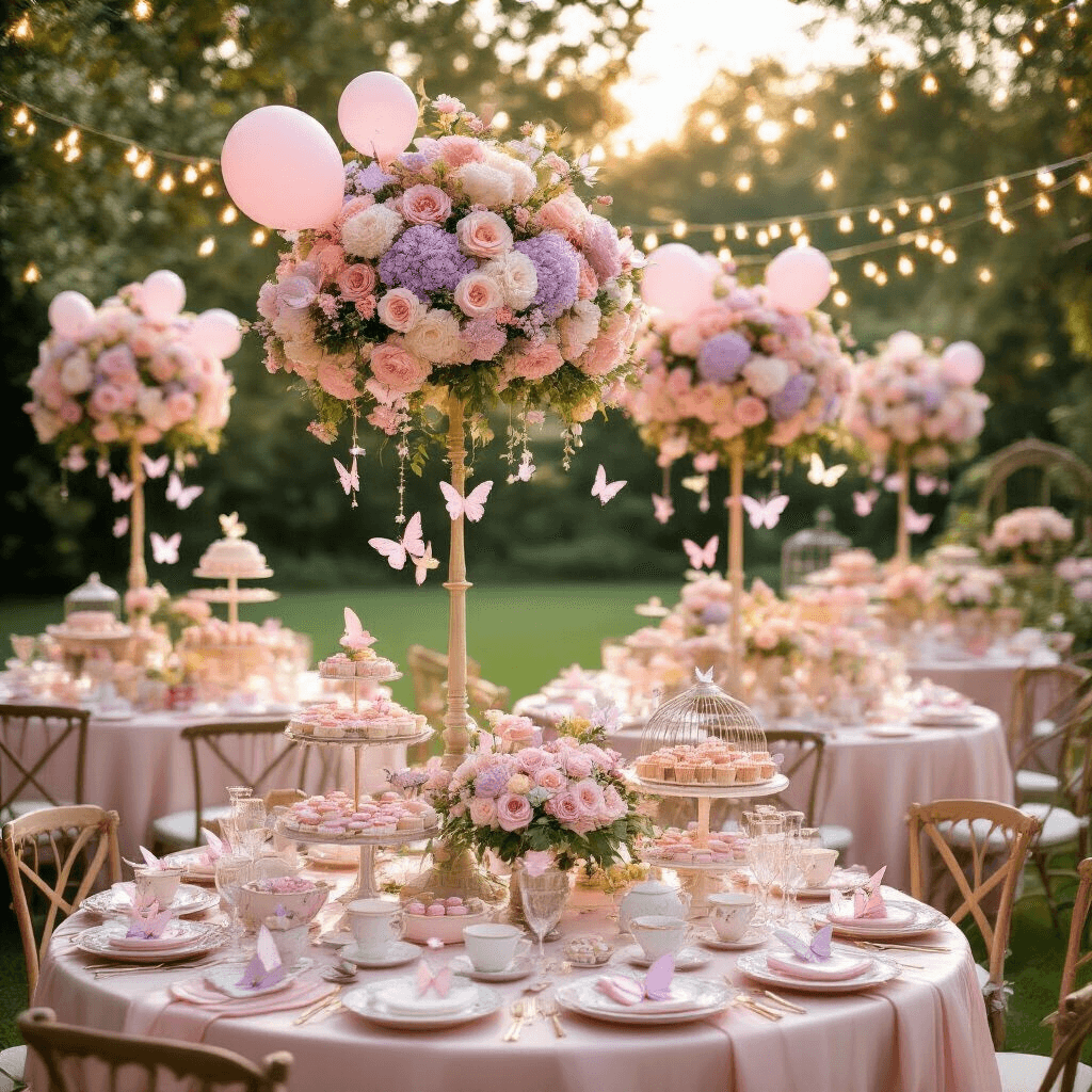 A whimsical garden party during golden hour, featuring round tables with blush silk linens, towering pastel flower centerpieces, butterfly balloons, twinkling fairy lights overhead, ornate birdcages filled with flowers, vintage teacups, and a dessert cart with pastel macarons and butterfly-topped cupcakes.