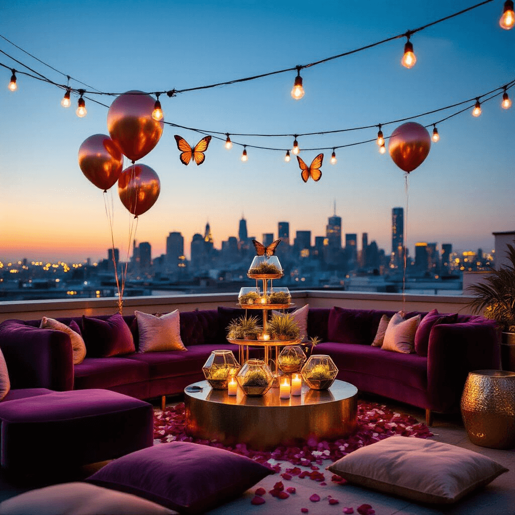 An intimate rooftop terrace celebration at twilight, featuring string lights, jewel-toned velvet sofas, gold geometric terrariums with air plants, a central champagne tower, floating candles, rose petals, and a stunning city skyline backdrop with holographic butterfly balloons.