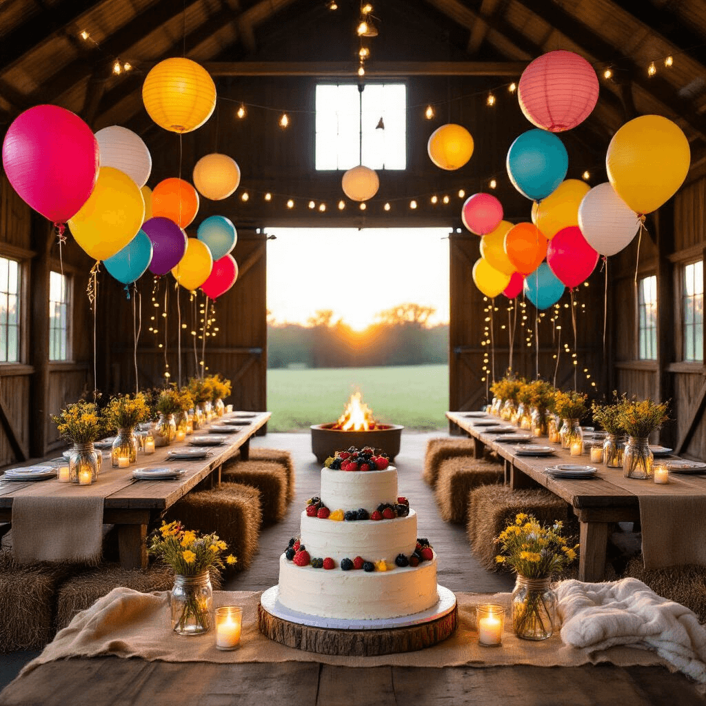 A rustic barn decorated for a magical birthday celebration, featuring wooden tables with burlap runners, mason jars of wildflowers, oversized butterfly balloons, a tiered naked cake with berries, hay bales with blankets around a fire pit, and fairy lights illuminating the scene as the sun sets.