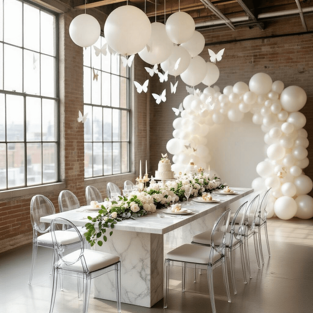 A luxurious minimalist baby shower setup in a modern loft, featuring a long marble dining table with eucalyptus and white roses, ghost chairs, suspended paper butterfly cutouts, and a backdrop of pearlescent balloons, complemented by elegant monochromatic white desserts on lucite cake stands.