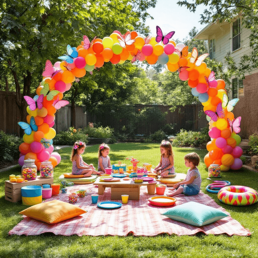 A vibrant kids' birthday party in a sunlit backyard featuring a colorful balloon arch, picnic blankets with bright plates, a butterfly craft station, a candy buffet with a giant butterfly piñata, oversized foam blocks, hula hoops, and a face painting station for children.