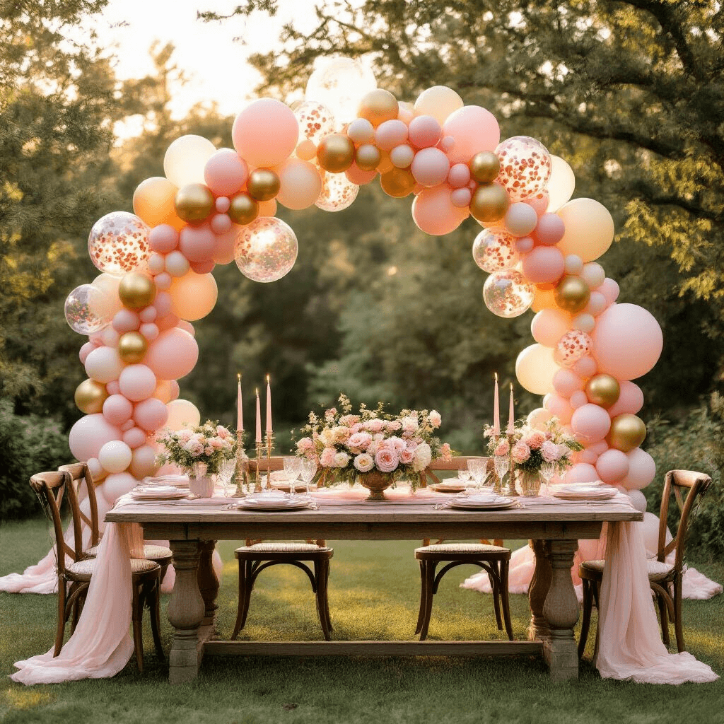 A whimsical outdoor birthday celebration at golden hour features a rustic wooden farmhouse table with a blush pink silk tablecloth, surrounded by mismatched wooden chairs draped in gauzy fabric. Overhead, a stunning balloon arch in shades of pink, cream, and gold, filled with confetti, frames the scene against a golden sky. Vintage crystal candelabras and soft pastel floral centerpieces adorn the table, all captured from a low angle to highlight the magical atmosphere.