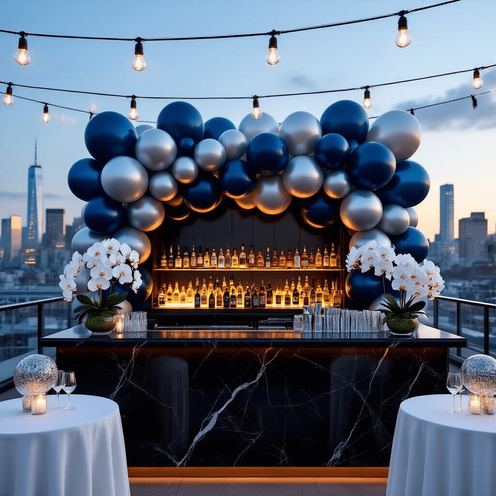 An elegant rooftop cocktail party at twilight features a polished black marble bar illuminated by Edison bulbs, a stunning gradient balloon wall in sapphire blue and silver, and high-top tables with white orchids, all set against a chic urban skyline.