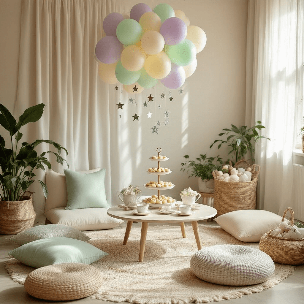 A cozy living room decorated for a baby shower, featuring pastel colors, plush floor cushions, a low coffee table set with delicate teacups and treats, and a balloon installation overhead, all illuminated by soft morning light.