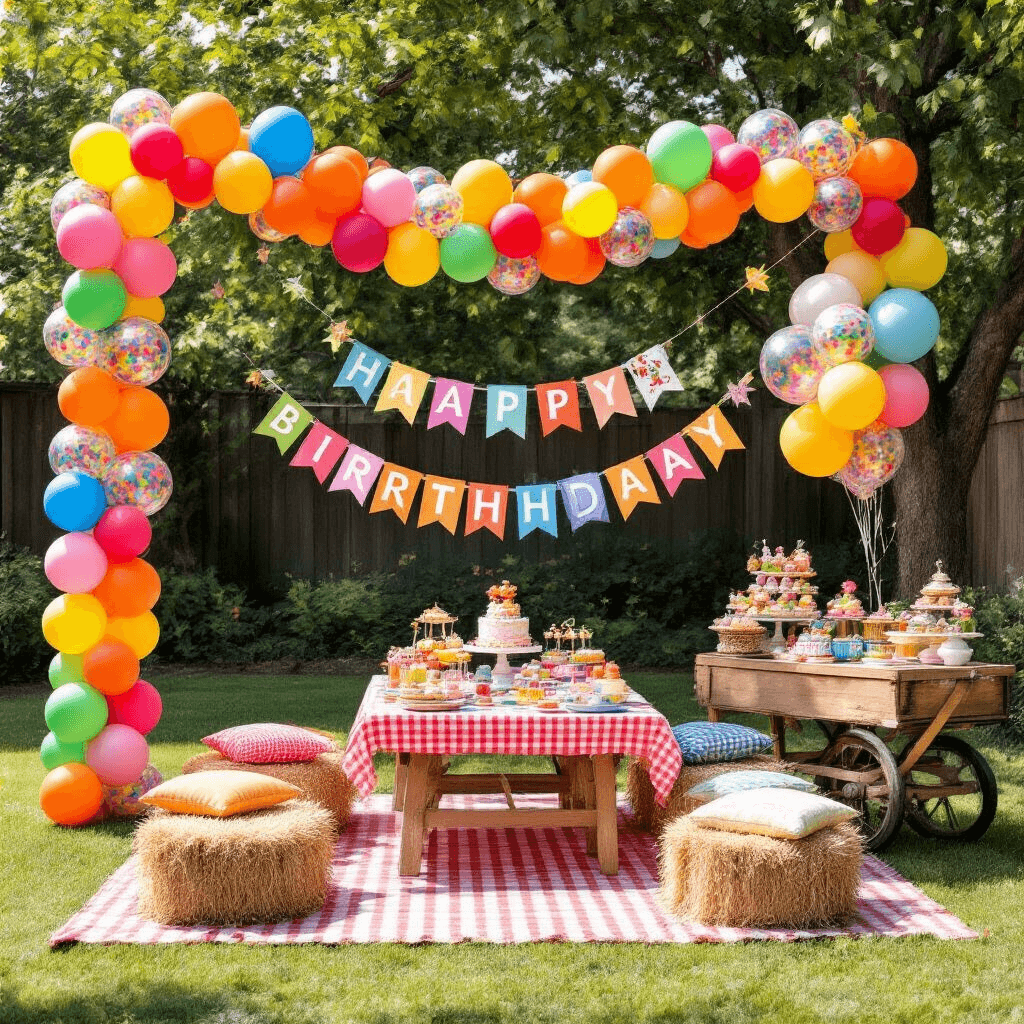 A vibrant children's birthday party in a sun-filled backyard, featuring a colorful balloon garland, picnic area with a red and white gingham tablecloth, miniature hay bale seating, a homemade birthday banner, and a rustic dessert cart overflowing with colorful treats and an oversized balloon bouquet.