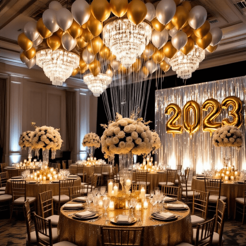 A high-angle view of a glamorous New Year's Eve party in a grand ballroom, featuring shimmering gold sequin tablecloths, towering white rose centerpieces, flickering candlelight, and a massive balloon drop installation with gold, silver, and clear balloons. A backdrop of metallic fringe and oversized 2023 balloons is visible along one wall, enhancing the festive atmosphere.