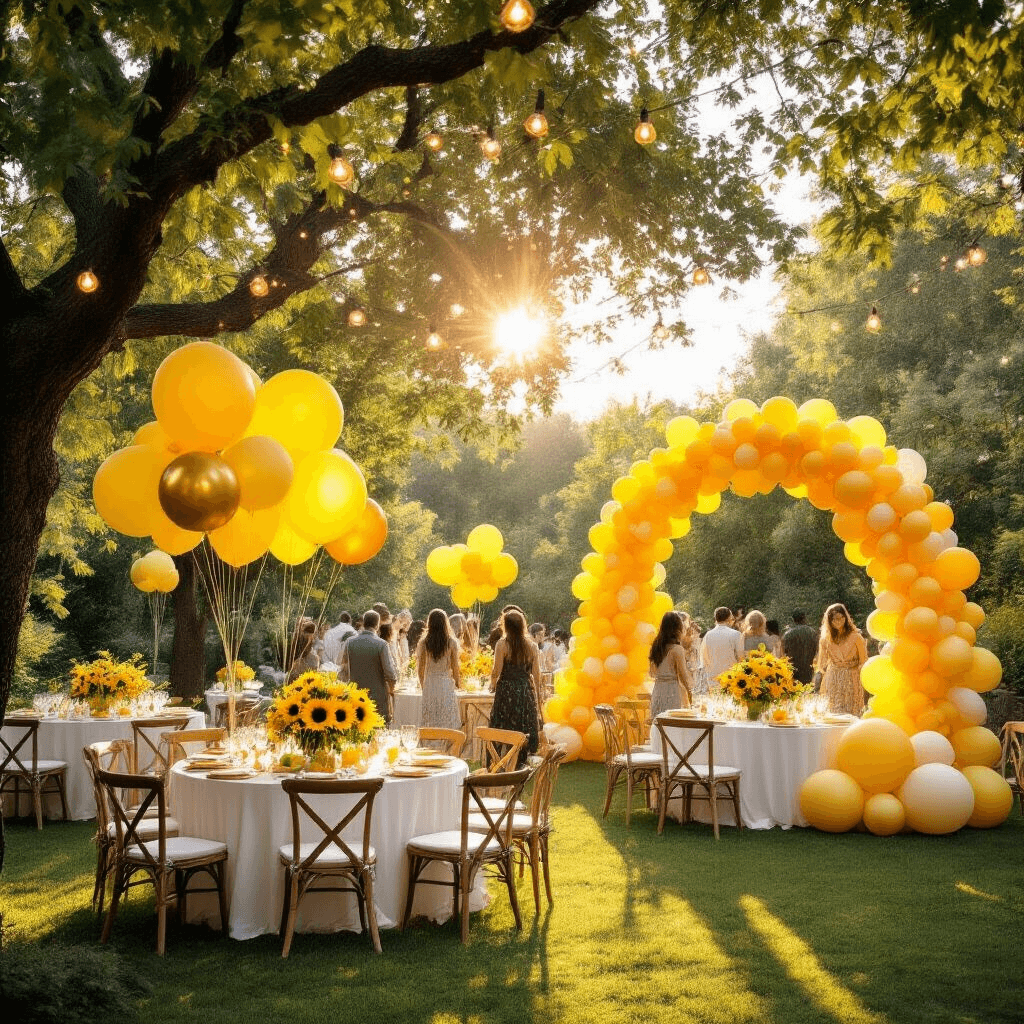 A vibrant garden party scene during golden hour, featuring guests mingling under a canopy of lush trees, surrounded by yellow balloons, round tables with white linens and sunflowers, a grand balloon arch, and twinkling fairy lights overhead.