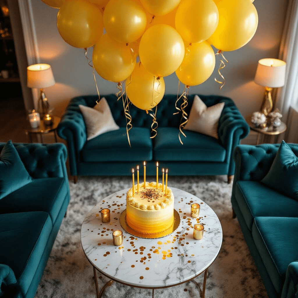 An overhead view of a cozy living room birthday celebration with yellow balloons, a marble coffee table featuring an ombre yellow cake, golden candles, and confetti, surrounded by deep teal velvet sofas and warm lamplight.
