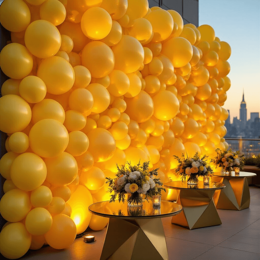 A close-up of a vibrant yellow balloon installation at a chic rooftop corporate event, with a twilight city skyline in the background. The scene features modern cocktail tables with geometric gold bases and elegant floral arrangements, all illuminated by warm up-lighting.