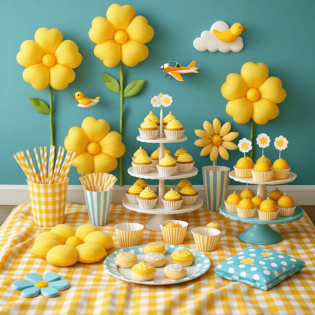 A whimsical children's party setup featuring a yellow gingham picnic blanket with oversized balloon flowers, surrounded by striped paper straws, polka dot cupcake toppers, a tiered stand of lemon desserts, toy airplanes, and cloud-shaped cookies.