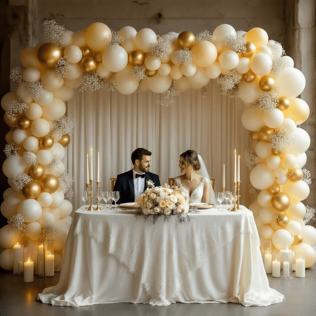 An elegant wedding reception detail shot featuring a stunning head table framed by a soft butter yellow, ivory, and gold balloon garland, adorned with delicate baby's breath. The table showcases a luxurious silk tablecloth with a lace overlay, ceramic chargers, and gold-rimmed glassware, illuminated by varying heights of taper candles emitting a warm, romantic glow.