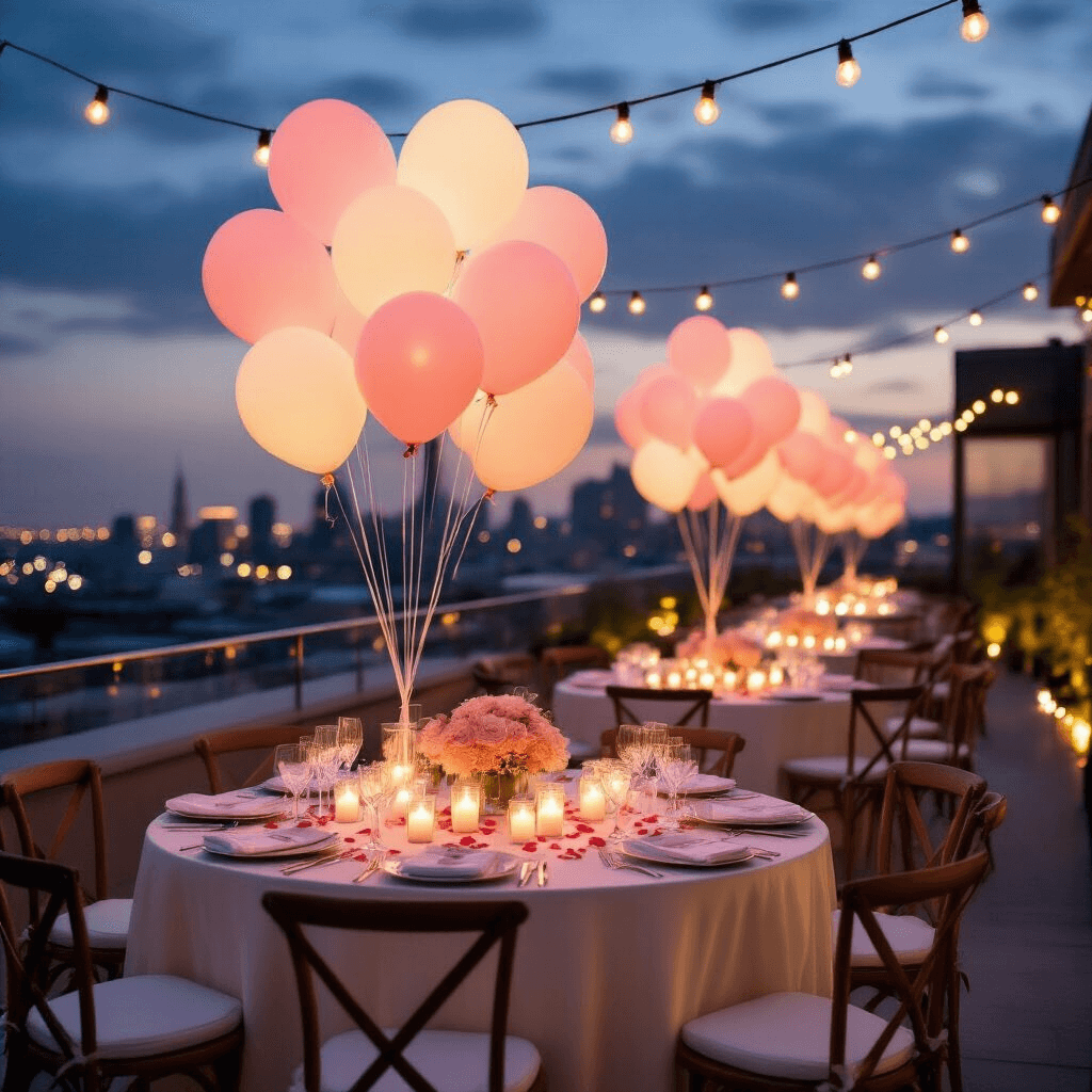 A twilight rooftop terrace celebration with glowing LED balloons in blush pink and cream, soft ambient lighting, elegant round tables with ivory silk linens, floating candle centerpieces, and twinkling city skyline in the background.