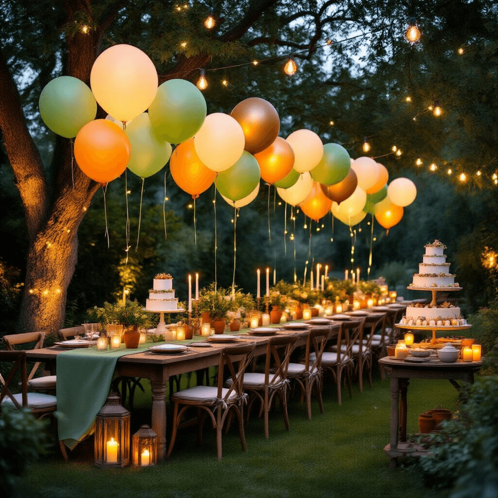 An intimate nighttime garden party featuring colorful LED balloons, warm fairy lights in trees, long farmhouse tables with sage green runners, and a dessert cart with tiered cakes, all illuminated in a magical ambiance.