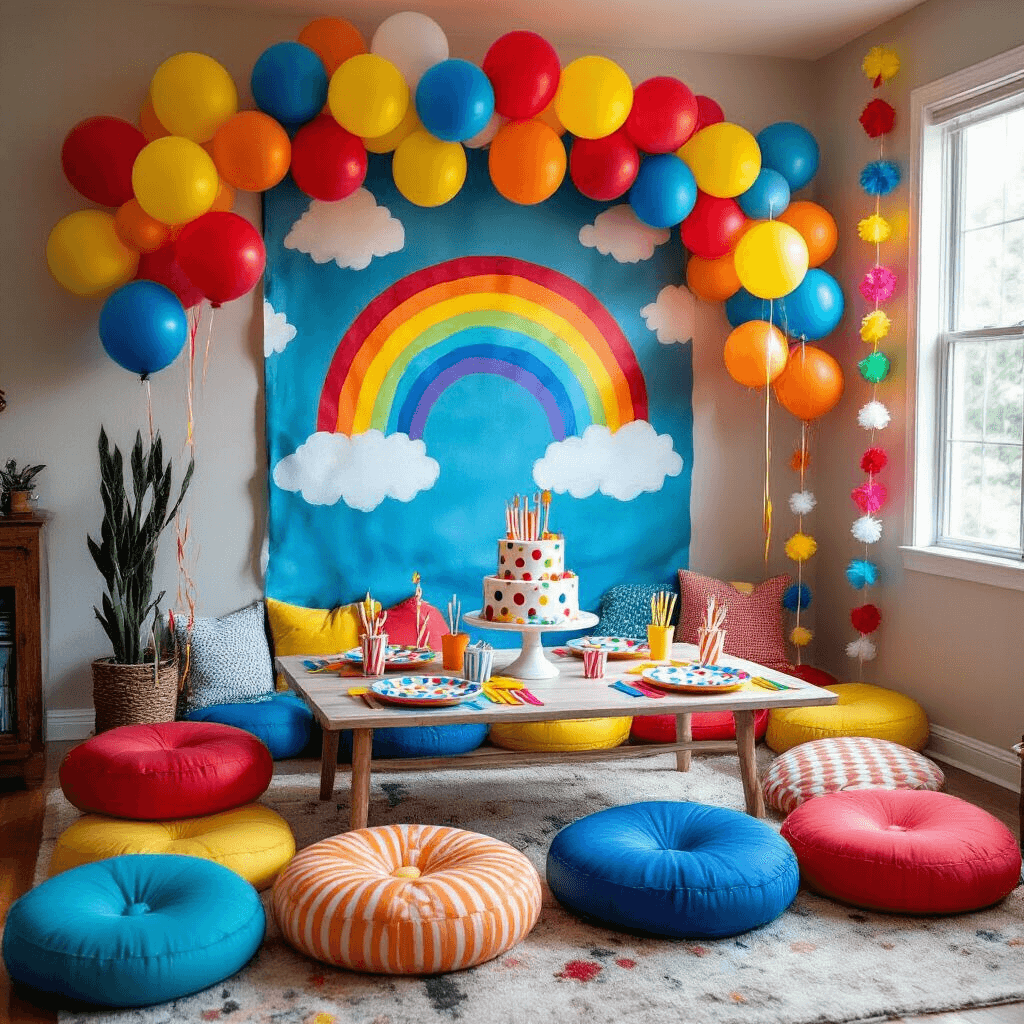 A cozy living room transformed for a children's birthday celebration, featuring vibrant LED balloons in primary colors, a hand-painted rainbow backdrop, colorful floor cushions around a low table with polka dot plates and striped straws, and a tiered birthday cake adorned with fondant balloons, all embellished with streamers and DIY tissue paper pom-poms.