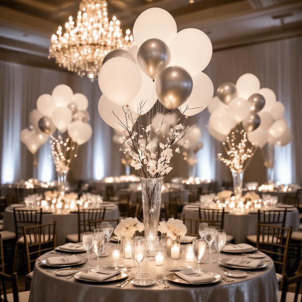 An elegant winter wedding reception in a grand ballroom, featuring glowing white and silver LED balloons, crystal chandeliers, shimmering table linens, and tall glass vase centerpieces with white orchids, creating a magical atmosphere.