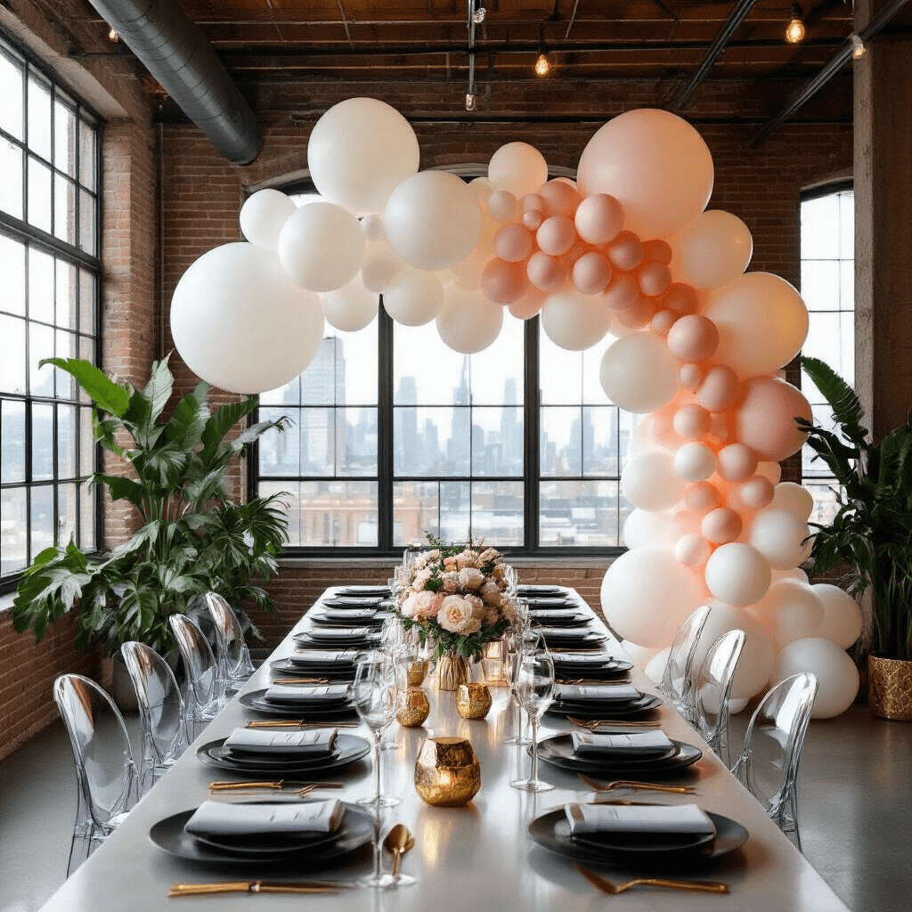 Chic minimalist engagement party in a modern loft with exposed brick walls, featuring sleek tables set with matte black plates and gold cutlery. Oversized white LED balloons in asymmetrical clusters and an ombré balloon arch create a striking photo backdrop, complemented by potted monstera plants and geometric gold terrariums.