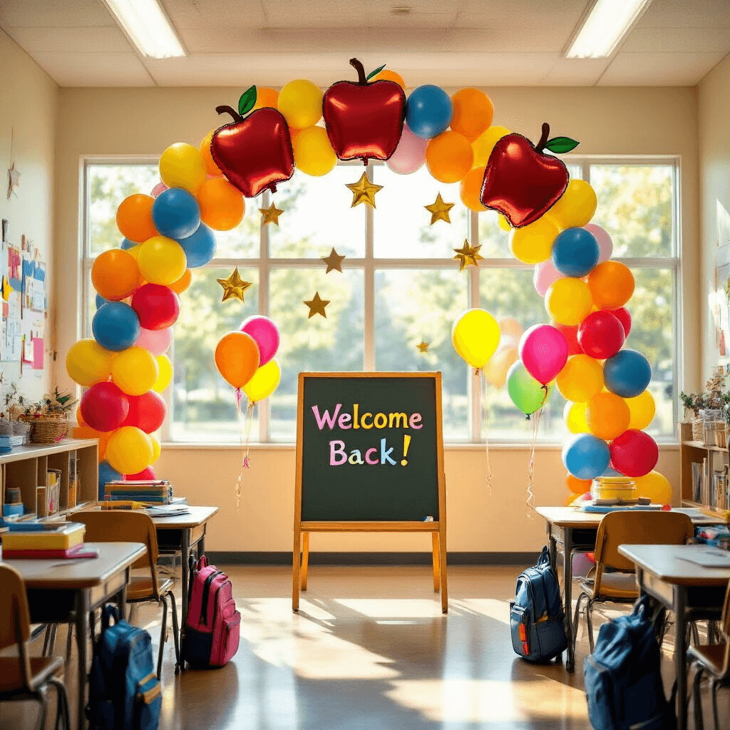 A bright elementary school classroom on the first day of school, featuring a colorful balloon arch, cheerful welcome message on a chalkboard, floating helium balloons, and neatly arranged backpacks and supplies, all illuminated by warm morning light.