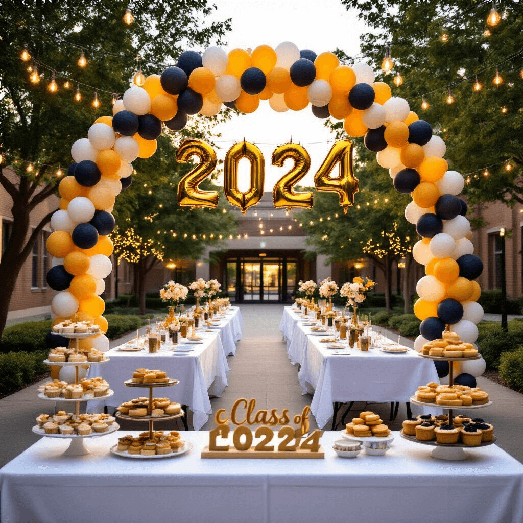 An outdoor breakfast setup in a school courtyard at golden hour, featuring long tables with white linens and balloon centerpieces in school colors, a grand balloon arch, fairy lights overhead, and a coffee and pastry station with 'Class of 2024' signage, all captured from a low angle.